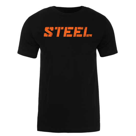 The Steel Supplements Apparel Orange STEEL on Black Performance T-Shirt