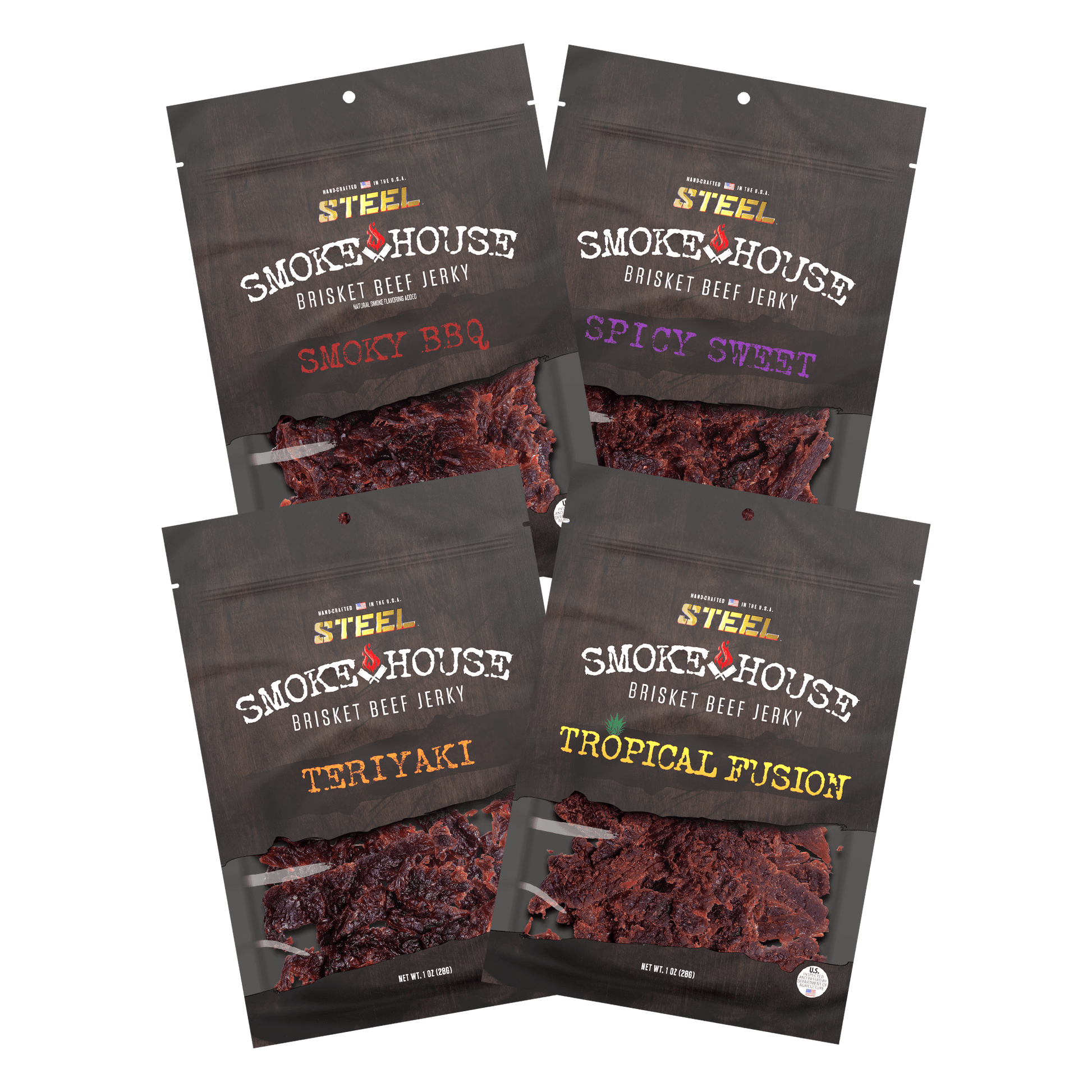 Steel Supplements Jerky 1 oz. Smoky/Spicy Sweet/Teriyaki/Tropical Fusion Variety Pack - Brisket Beef Jerky