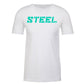 The Steel Supplements Apparel STEEL Teal on White Performance T-Shirt